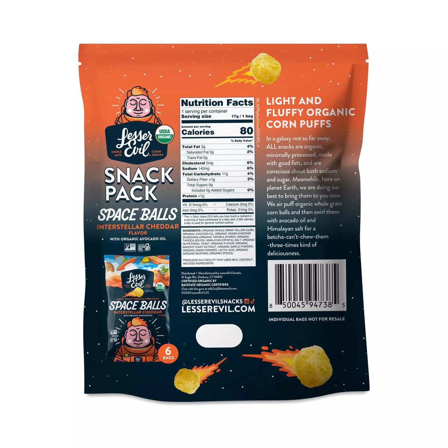 Lesser Evil, Organic Space Balls Interstellar Cheddar Snack Pack 3.6oz