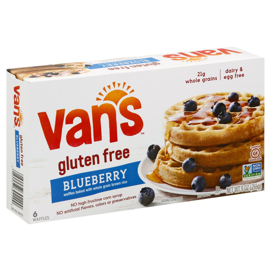 Van's, Gluten Free Whole Grain Frozen BLUEBERRY Waffles 6ct 9oz (Frozen) "best by 14 Oct 23"