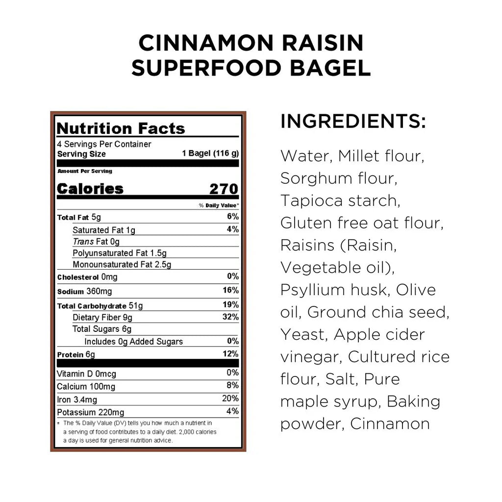 Queen St. Bakery, Vegan Gluten Free Superfood Bagels Cinnamon Raisin 16oz (Frozen)