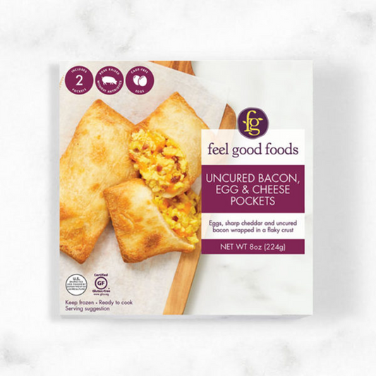 Feel Good Foods, Gluten Free Uncured Bacon, Egg & Cheese Pockets 8oz (Frozen) "best by 11 April 23"