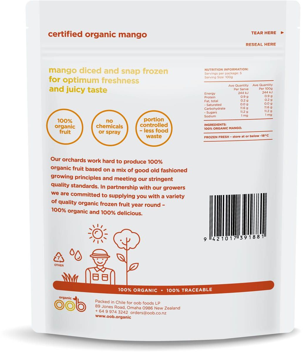 OOB Organic, Organic Diced Mango 500g (Frozen)