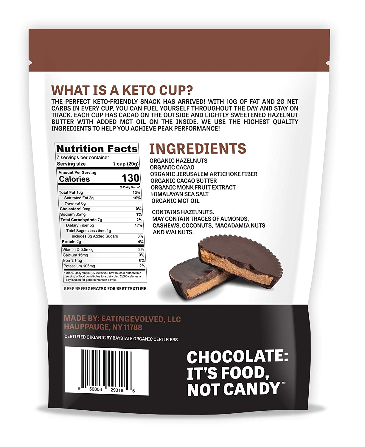 Evolved Chocolate, Hazelnut Butter Keto Cups 4.93oz (Chill) "best by 30 Jan 24"