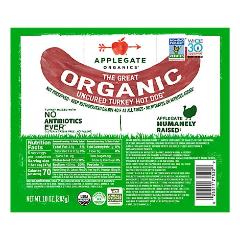 Applegate Organics, The Great Organic Uncured Turkey Hot Dog 10oz (Frozen)