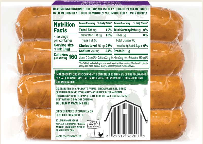 Applegate Organics, Sweet Italian Sausage 12oz (Frozen)