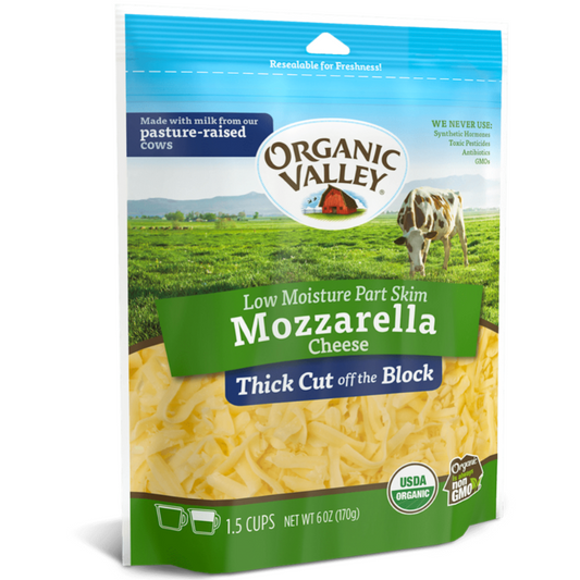 Organic Valley, Low Moisture Mozzarella Part Skim Cheese Thick Cut off the Block 6oz (Chill)